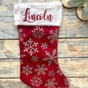 Personalized Red and White Holiday Stocking with Snowflake Design